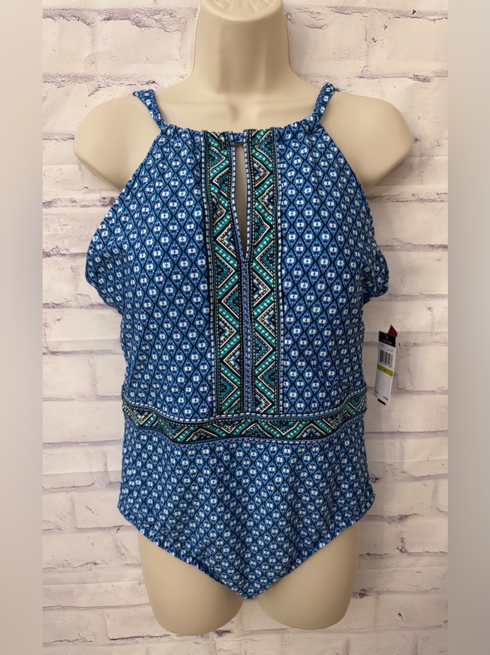 Jantzen 14 Blue Geometric High Neck Keyhole One Piece Swimsuit Slimming New
